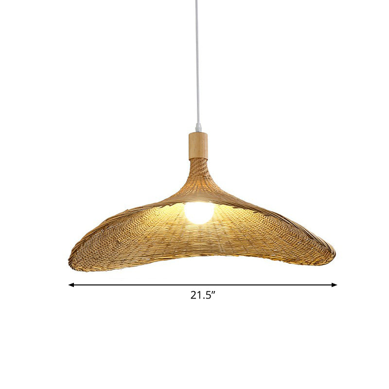 Hat Shaped Pendant Lighting Fixture Asian Bamboo 1-Light Wood Hanging Lamp for Tearoom