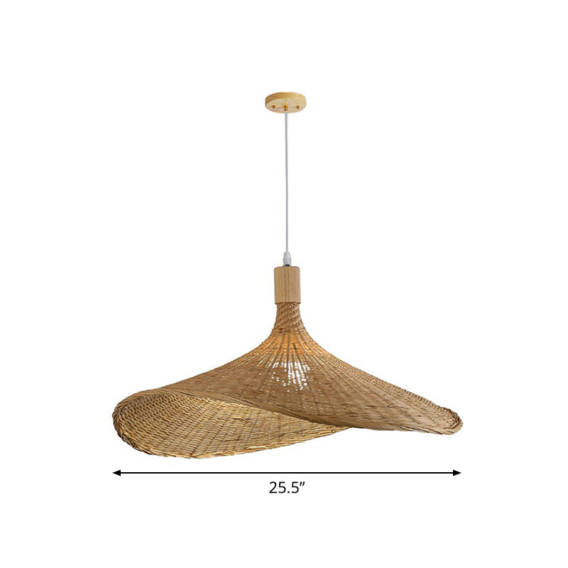 Hat Shaped Pendant Lighting Fixture Asian Bamboo 1-Light Wood Hanging Lamp for Tearoom