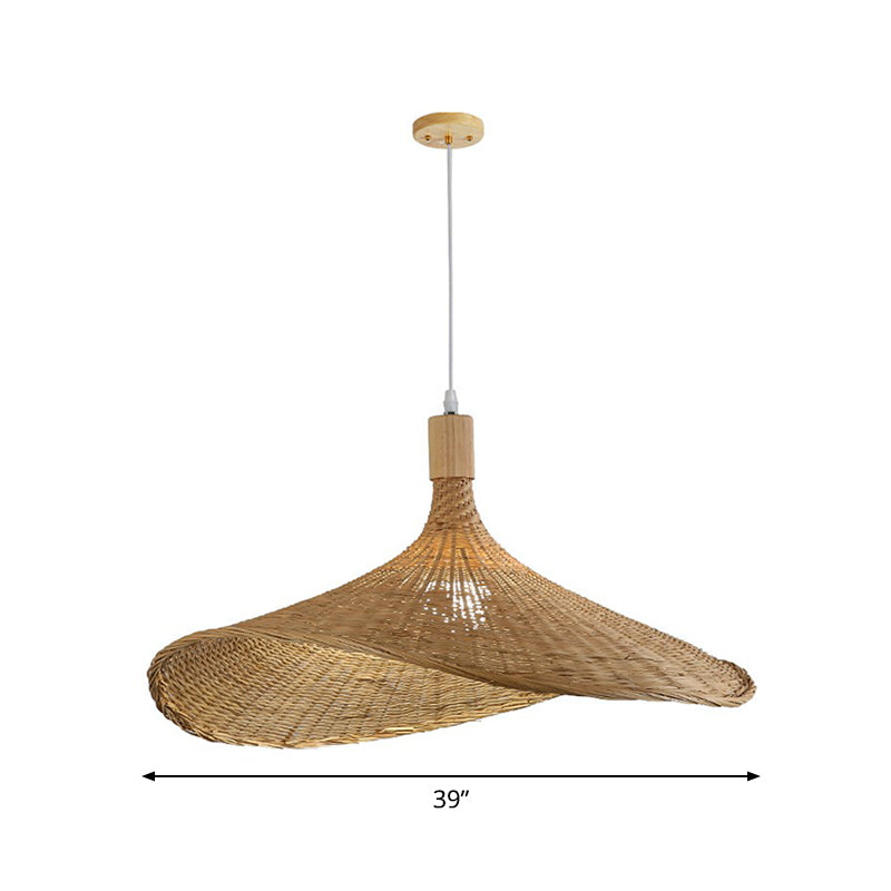 Hat Shaped Pendant Lighting Fixture Asian Bamboo 1-Light Wood Hanging Lamp for Tearoom