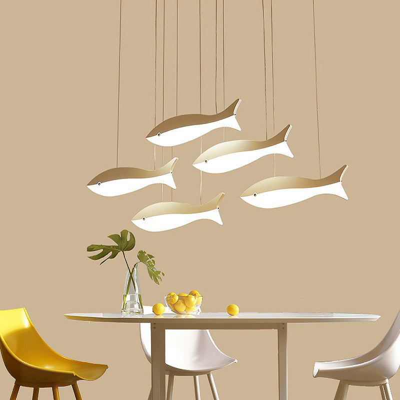White Fish Cluster Pendant Light Artistic Acrylic LED Ceiling Hang Lamp for Restaurant