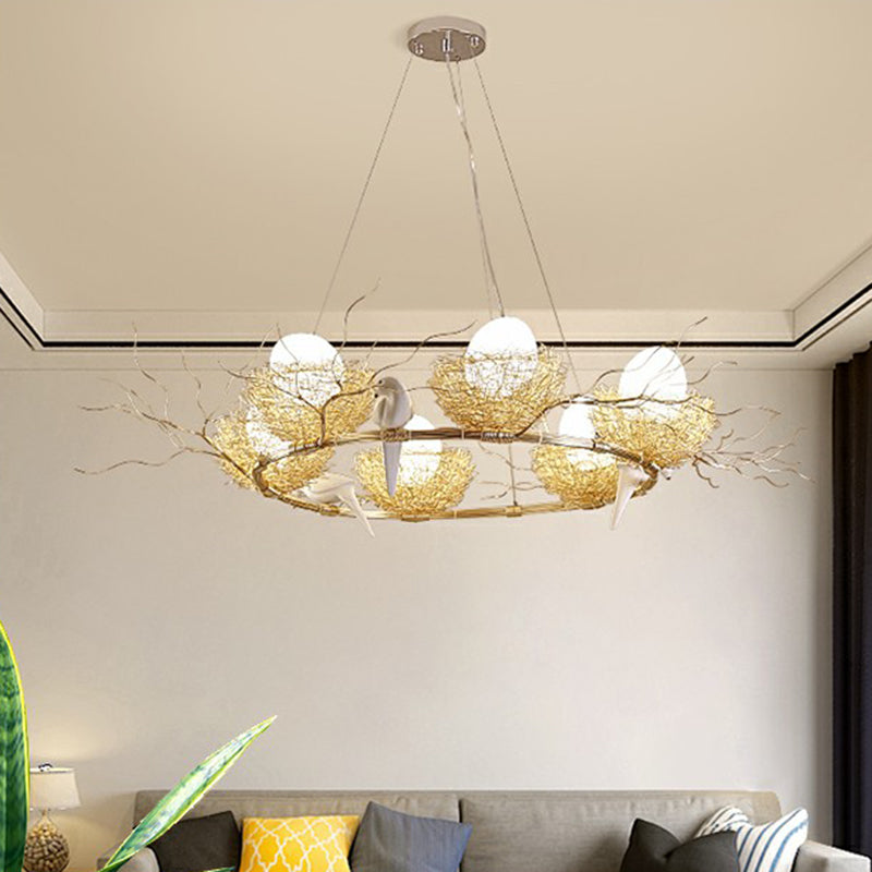Artistic Bird Nest and Egg Chandelier Aluminum Dining Room Pendant Light in Gold