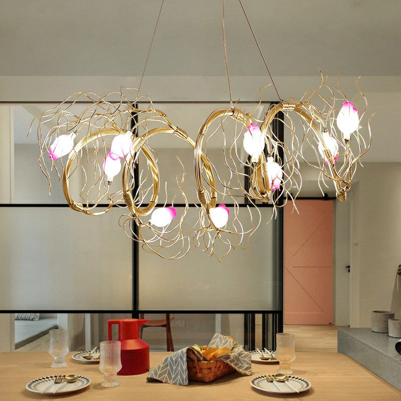 Glass Rose Pendant Lighting Nordic 8-Light Chandelier with Gold Branch for Dining Room