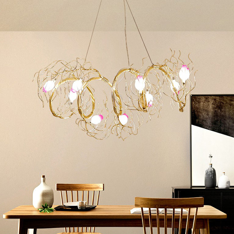 Glass Rose Pendant Lighting Nordic 8-Light Chandelier with Gold Branch for Dining Room