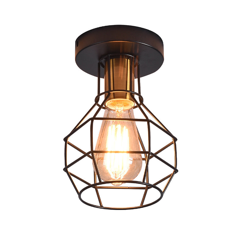 Luz de techo de balcón industrial de montura semi de montura de 1 luz con jaula de metal en forma de bola en negro
