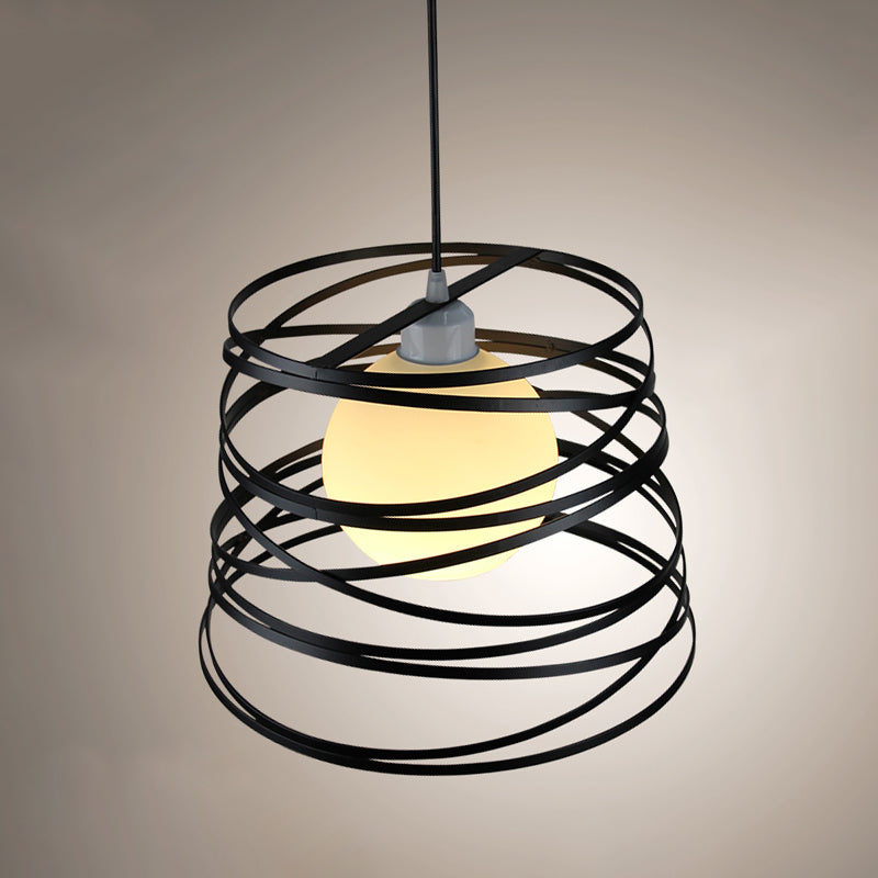 White Glass Domed Suspension Light Loft Style Single Living Room Drop Pendant with Wire Guard in Black