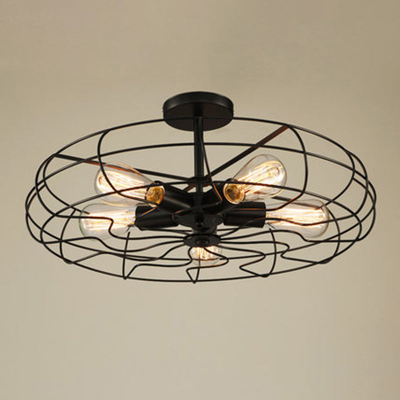Iron Wire Round Suspension Lamp Industrial 5-Head Bedroom Chandelier Light in Black