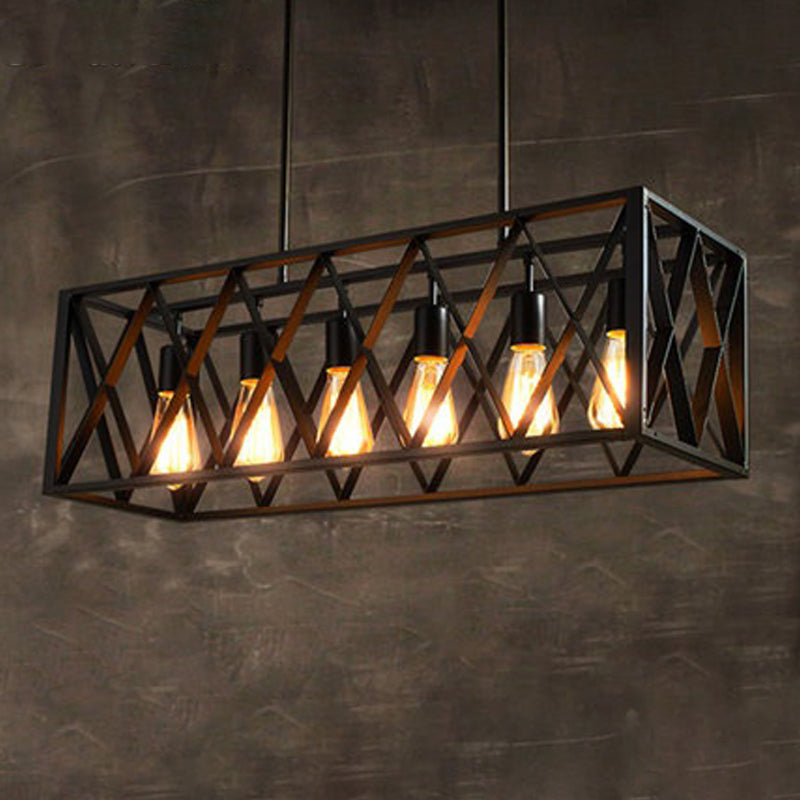 Black Cuboid Island Light Fixture Warehouse Metal Dining Room Suspension Pendant Light