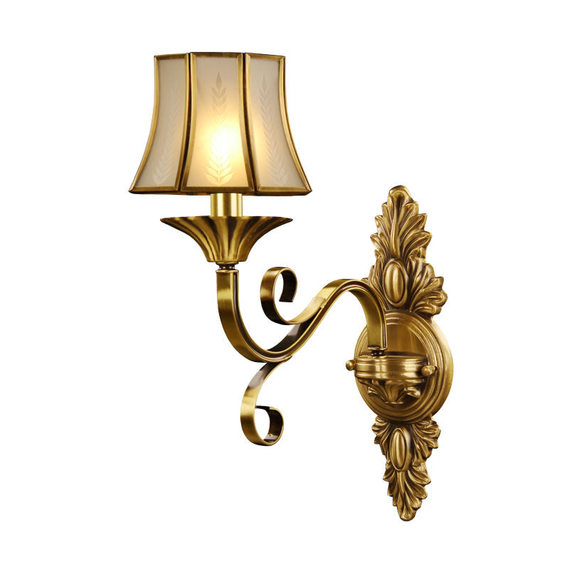 1-Light Flared Wall Lamp Fixture Traditional Brass Frosted Glass Wall Mounted Light for Bedroom