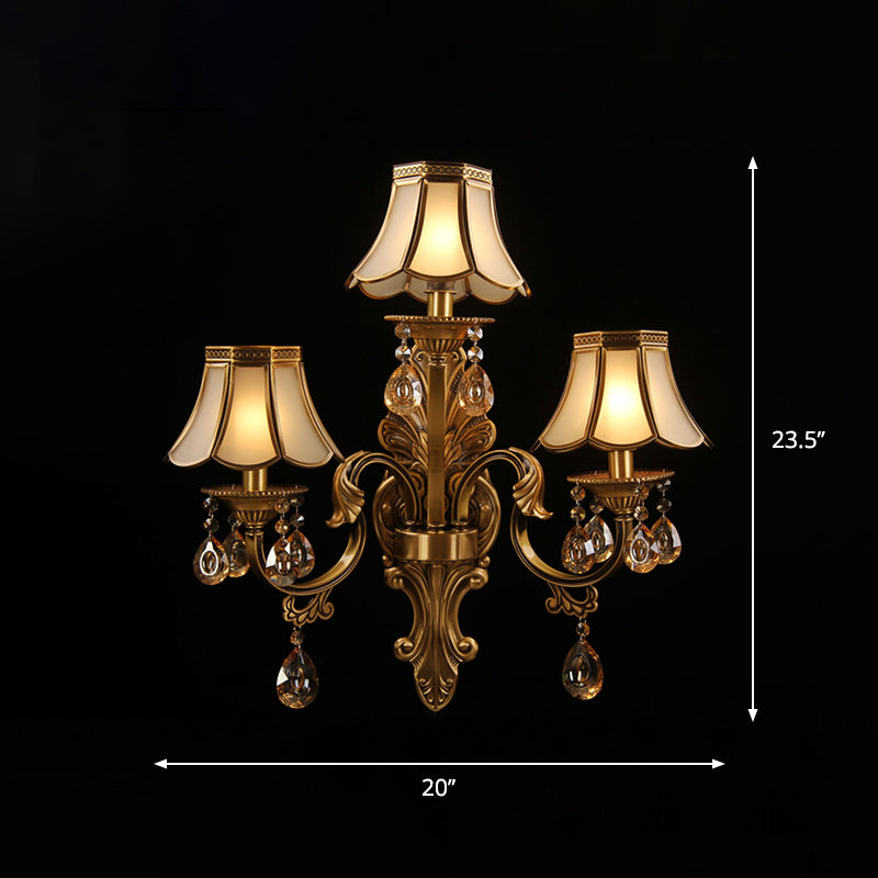 3 Heads Scalloped Wall Lighting Traditional Brass Finish Frosted Glass Sconce with Crystal Deco