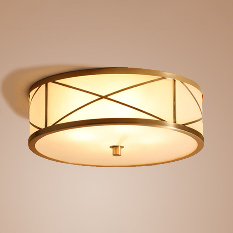 Simplicity Drum Flushmount Lighting Opal Glass Ceiling Mounted Fixture with X Brace in Brass