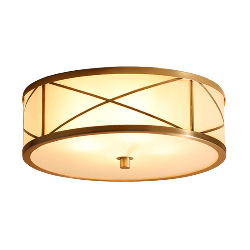 Simplicity Drum Flushmount Lighting Opal Glass Ceiling Mounted Fixture with X Brace in Brass