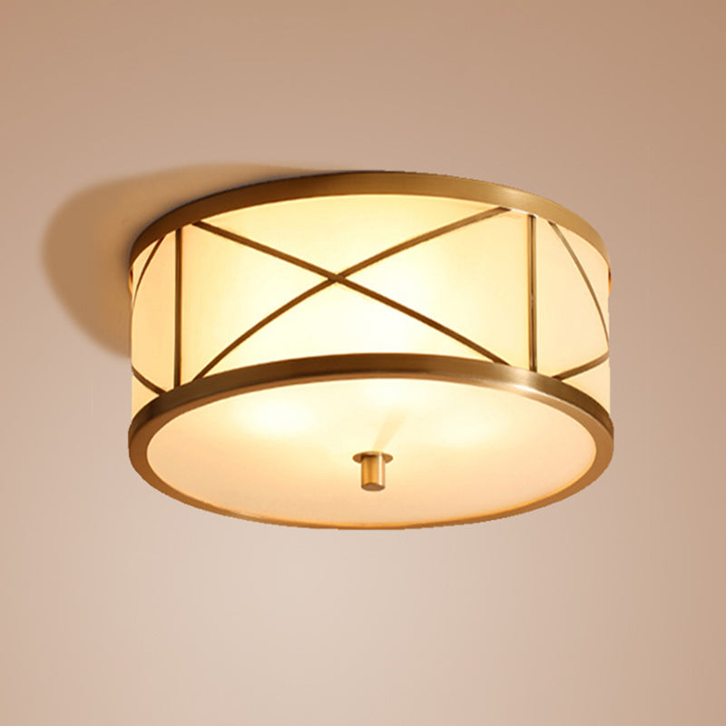 Simplicity Drum Flushmount Lighting Opal Glass Ceiling Mounted Fixture with X Brace in Brass