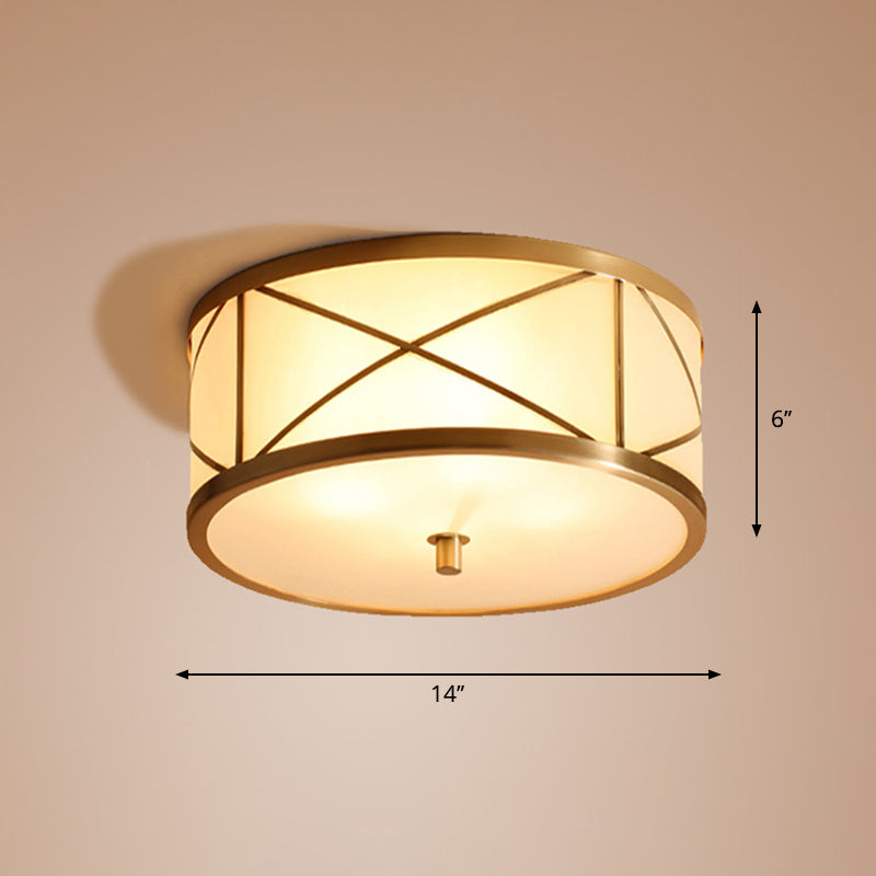 Simplicity Drum Flushmount Lighting Opal Glass Ceiling Mounted Fixture with X Brace in Brass