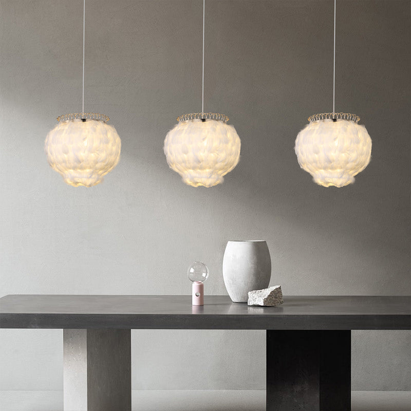 Globe Hanging Ceiling Lantern Minimalist Feather 3-Bulb White Pendant Light for Bedroom