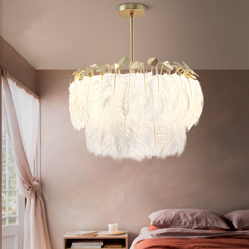 Round Chandelier Light Fixture Postmodern Feather White Hanging Lamp for Bedroom