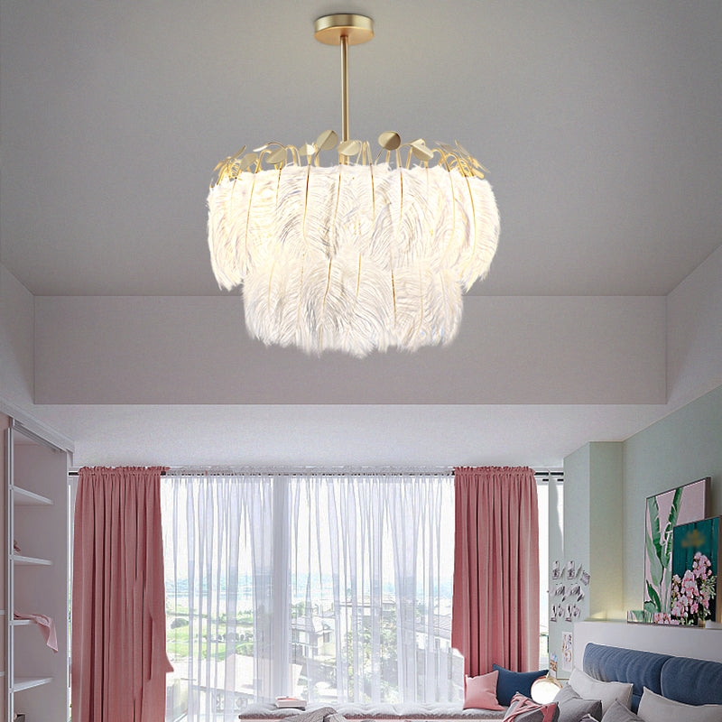 Round Chandelier Light Fixture Postmodern Feather White Hanging Lamp for Bedroom