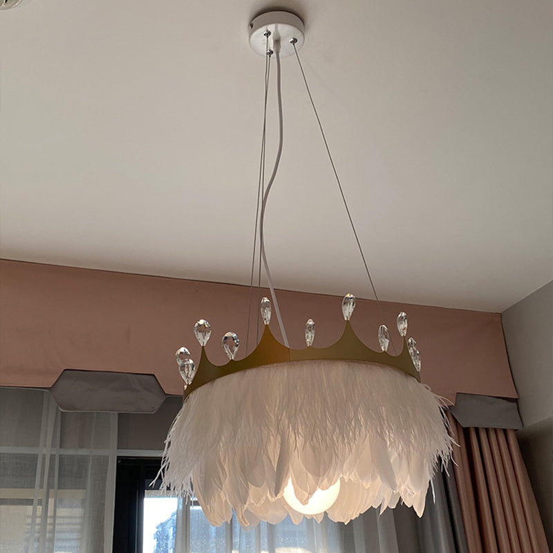Crown Child Room Chandelier Lamp Feather 1 Bulb Minimalist Pendant Lighting in White with Crystal Accents