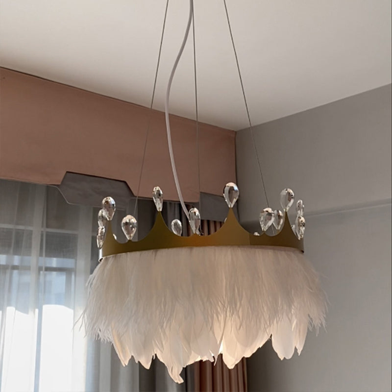 Crown Child Room Chandelier Lamp Feather 1 Bulb Minimalist Pendant Lighting in White with Crystal Accents