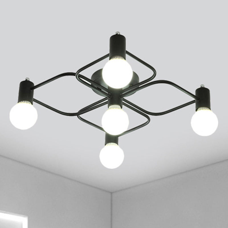 Diamant/Rechteck Semi Flush Mount Leuchte zeitgenössische Metall 5/7/9 Lichter weiß/schwarz LED Halbmontagelampe mit Milchglas bloßem Glühbirnen Schatten