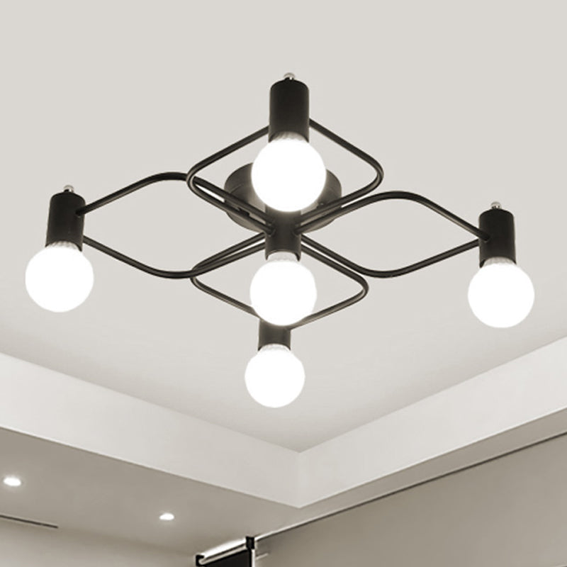 Diamante/rectangular semi de montura de montaje de montura contemporánea 5/7/9 luces blancas/lámparas semi de montaje LED negras con leche de vidrio desnudo sombra