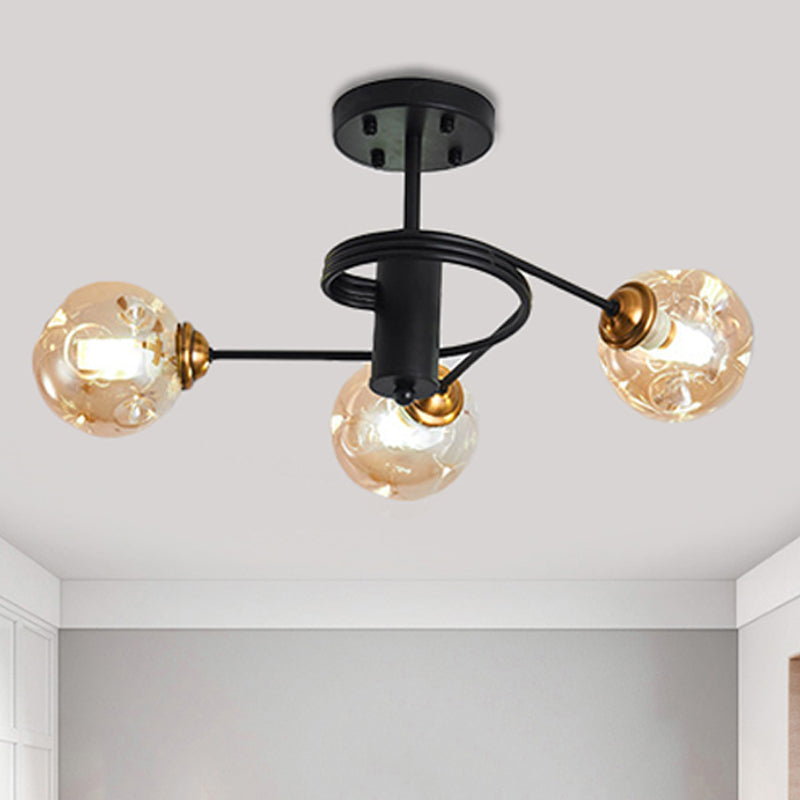 3/5 Lights Living Room Semi Flush with Ball Amber/Smoke Dimpled Blown Glass Shade Modernist Black Semi Flush Ceiling Light