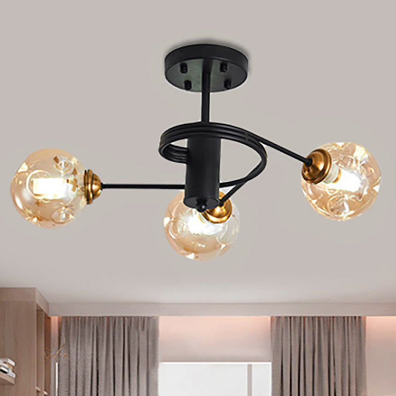 3/5 Lights Living Room Semi Flush with Ball Amber/Smoke Dimpled Blown Glass Shade Modernist Black Semi Flush Ceiling Light
