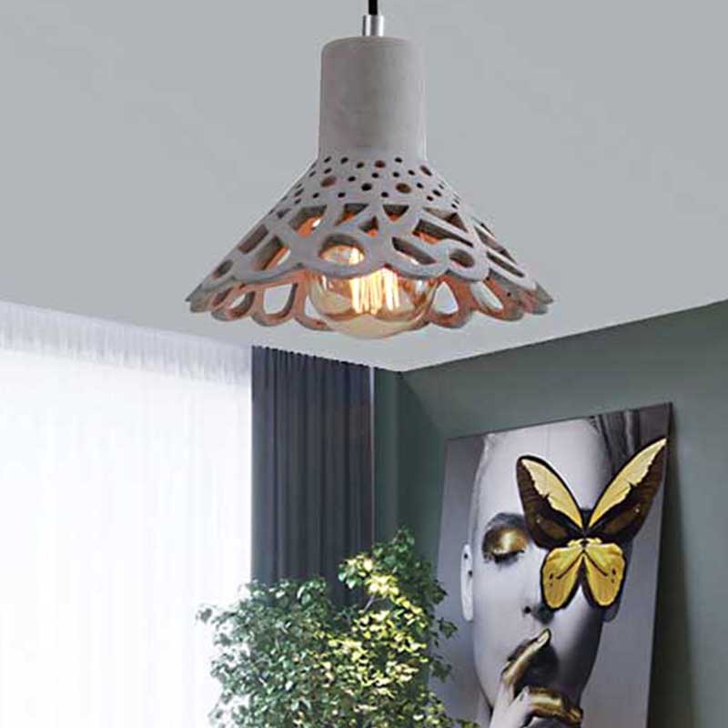 Iluminación colgante grabada en hormigón de estilo nórdico 1 luz colgante de gris claro/blanco/amarillo con tono geométrico/campana/acampanado
