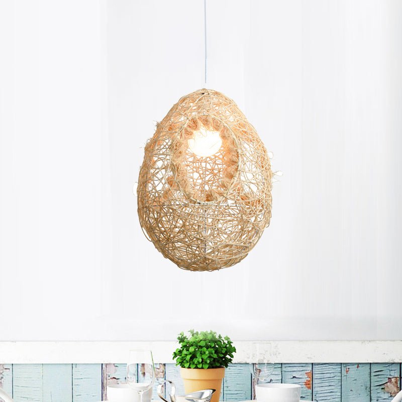 Woven Rattan Egg Shaped Pendant Light for Restaurant Rustic One Bulb Hanging Lamp in Beige