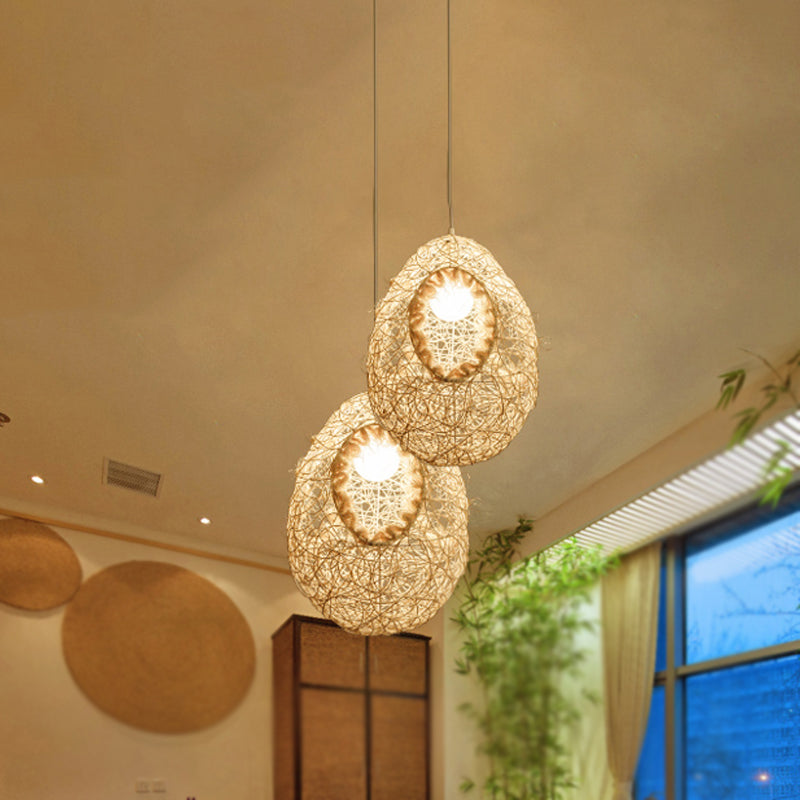 Woven Rattan Egg Shaped Pendant Light for Restaurant Rustic One Bulb Hanging Lamp in Beige