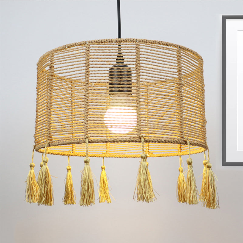 12"/16" Wide Drum Shade Pendant Lamp Modernist Style Rattan 1/3-Light Beige Hanging Lighting with Tassel