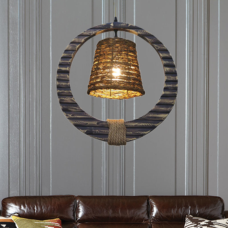 Rattan konisch hängende helle moderne Stil 1 Kopfbraune Anhängerlampe mit hölzernen vertikalen Ring