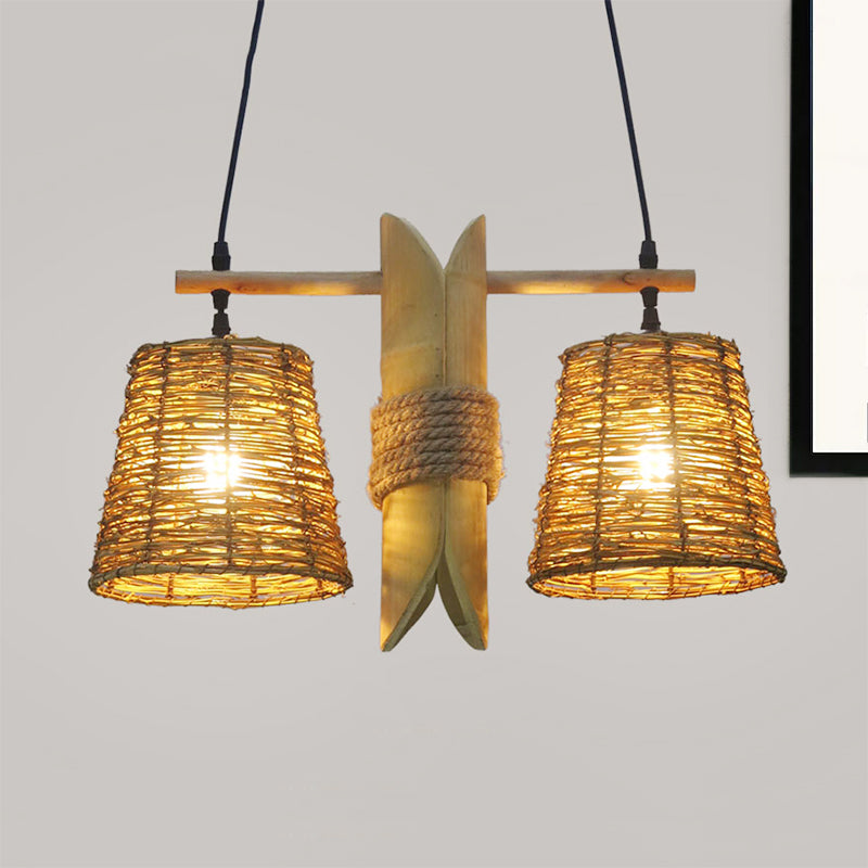 Bucket Rattan Shade Island Lighting Countryside 2 Bulbs Beige Pendant Light Fixture with Bamboo Design