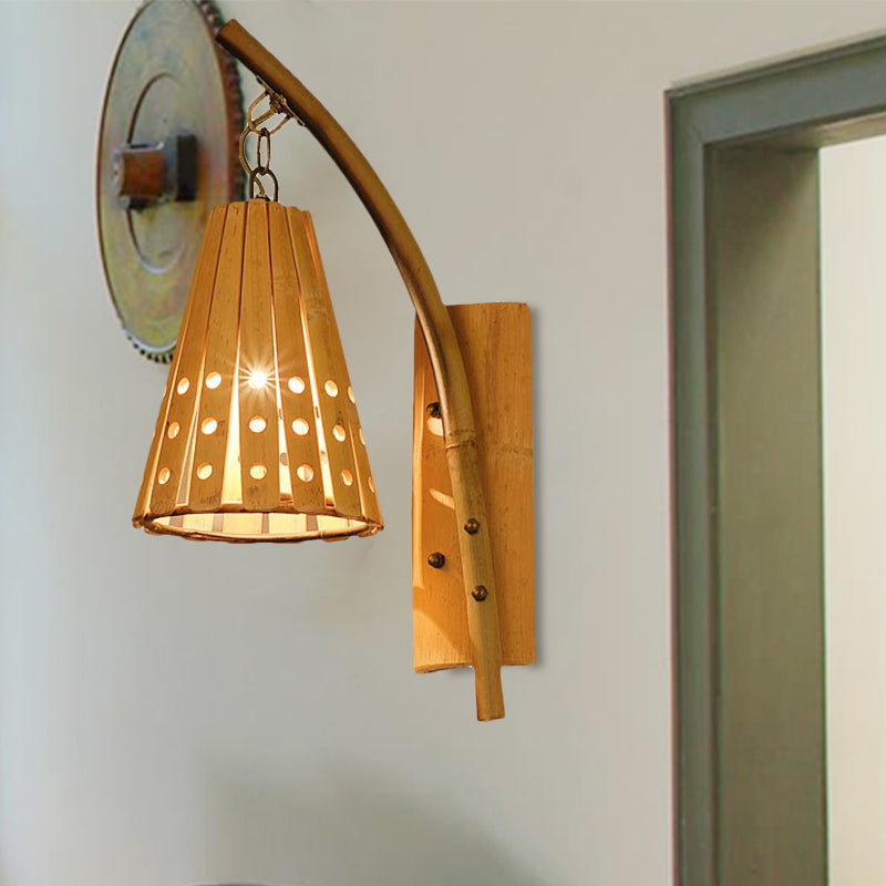 Bamboo Conical Shade Wall Lighting with Hollow Out Design Lodge Style 1-Head Wood Wall Lamp for Bedroom, Left/Right