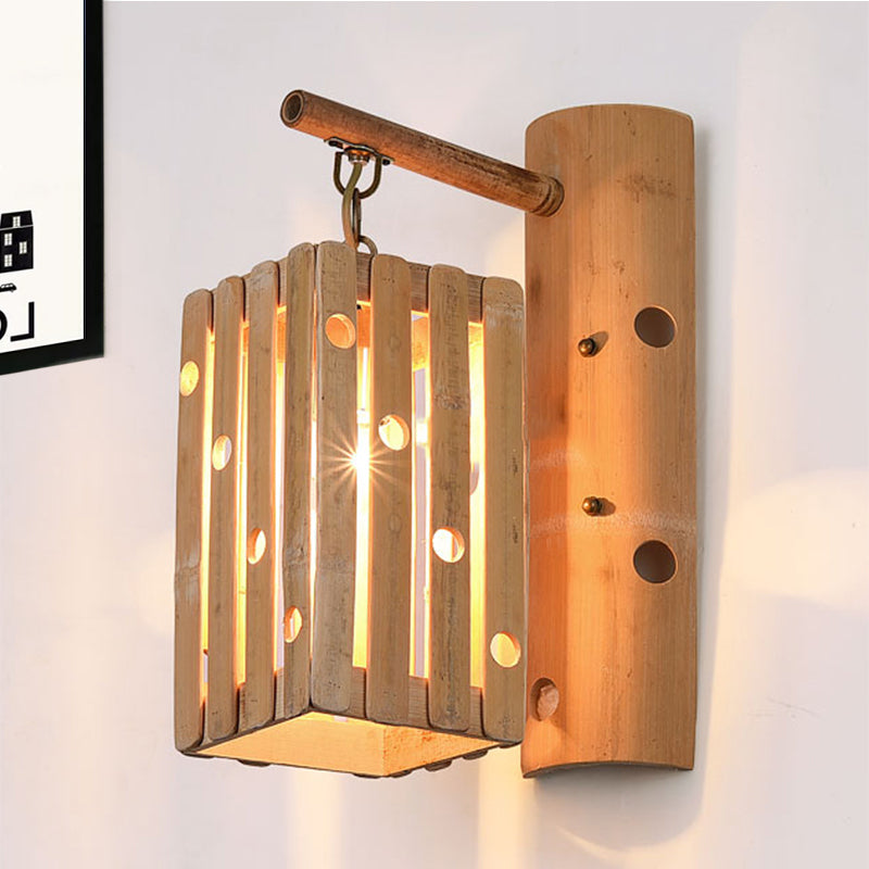 Rectangular Wall Lamp Countryside Bamboo 1-Light Wood Wall Lighting with Pierced Design for Bedroom