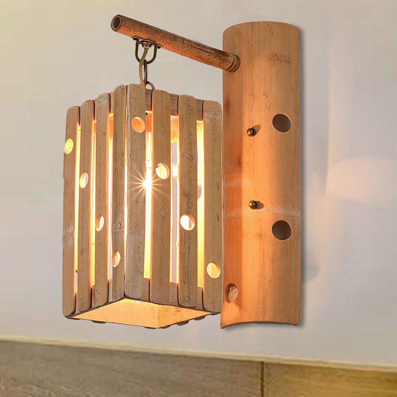 Rectangular Wall Lamp Countryside Bamboo 1-Light Wood Wall Lighting with Pierced Design for Bedroom