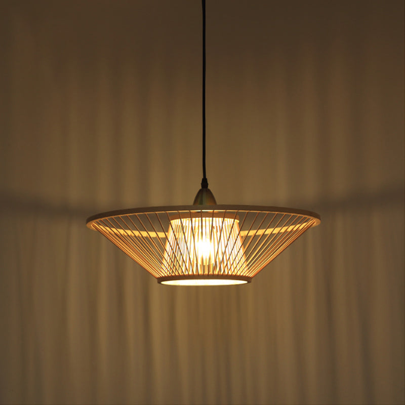 Bamboo Hand-Made Ceiling Lamp with Saucer Shade Modern 1-Light Beige Pendant Lamp for Dining Room