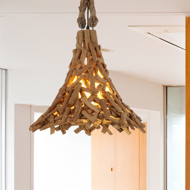 Houten sticks wijd uitlopende hangende licht rustieke 1 lichte suspensie hanger in beige voor binnen