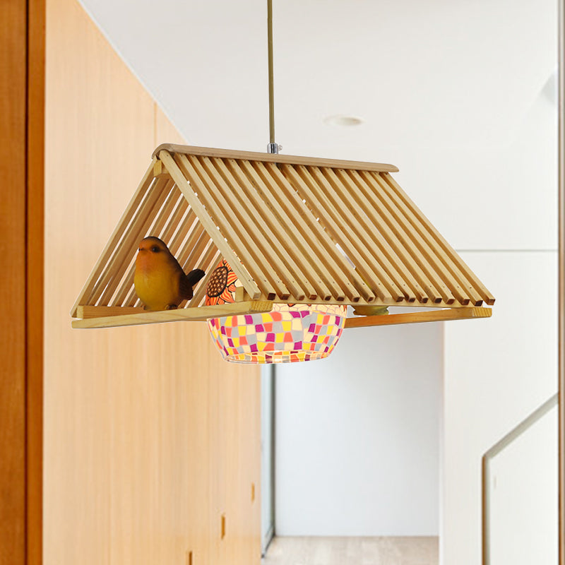 Roof Shaped Hanging Pendant Light Modern Style Wood 1/2-Head Beige Hanging Light Fixture, 16"/19.5" W