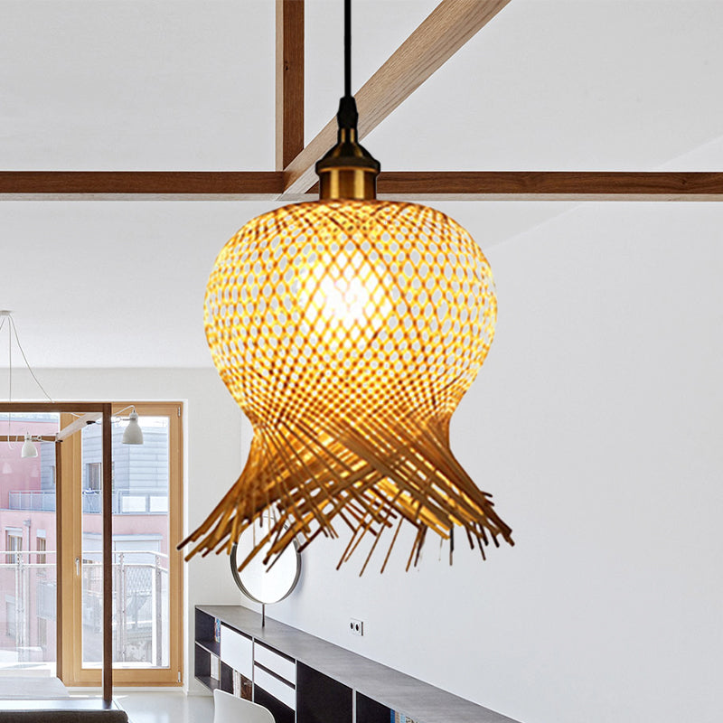 Jellyfish Shape Hand-Woven Bamboo Hanging Lamp Asian 1-Light Beige Pendant Light for Restaurant