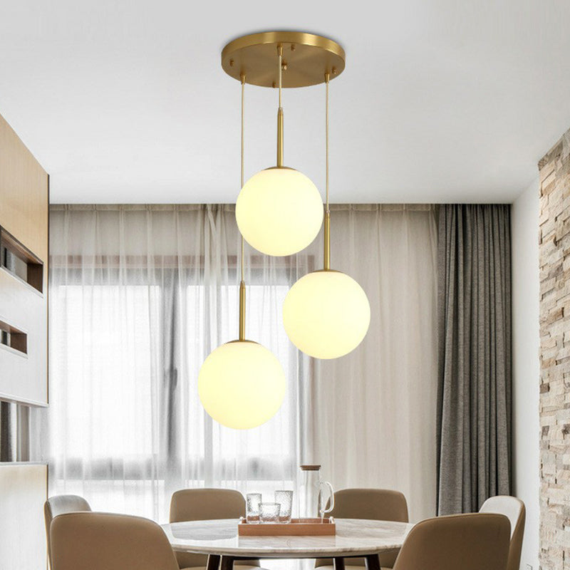 Sphere Opal Glass Multiple Lamp Pendant Minimalism 3-Bulb Gold Pendulum Light for Dining Room