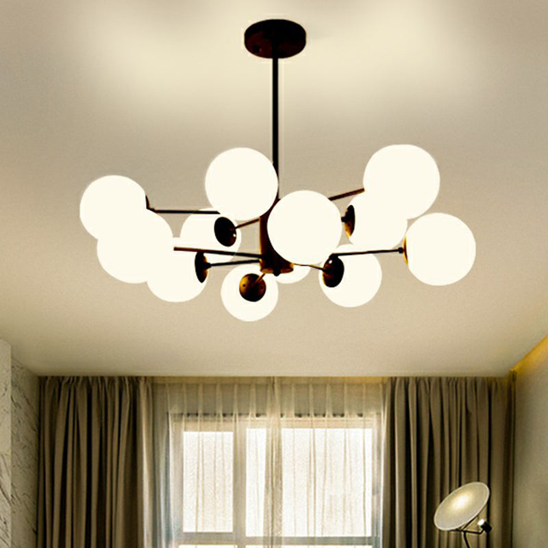 Black Burst Hanging Lamp Modern Metal Chandelier with Ball Opaline Glass Shade for Bedroom