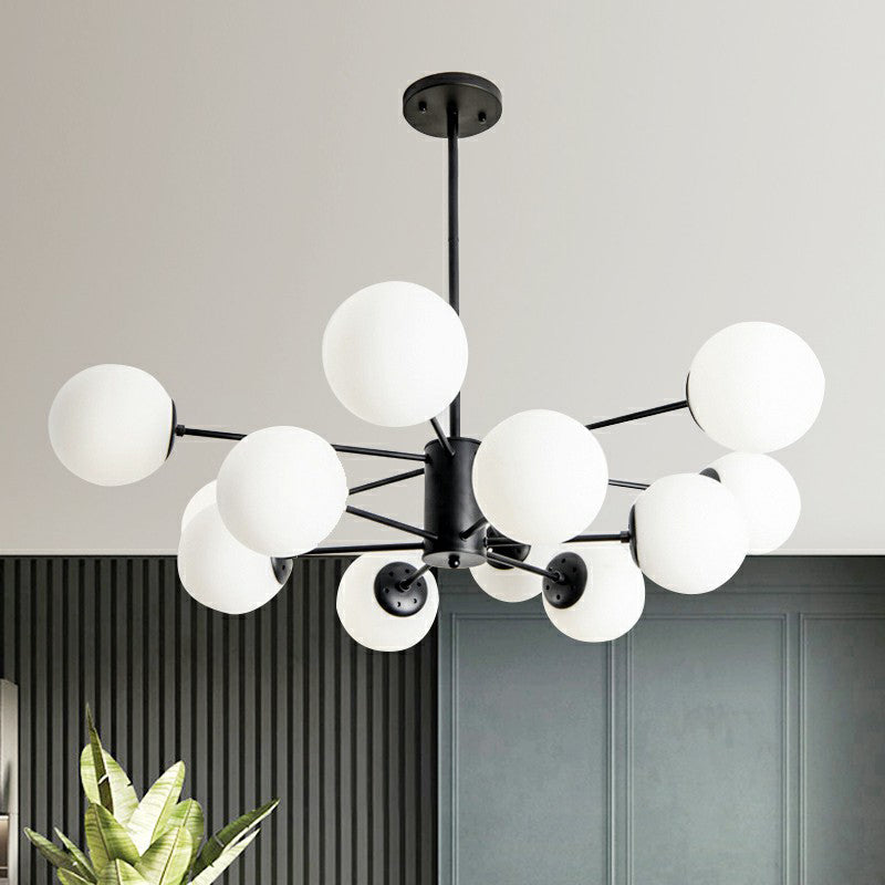 Black Burst Hanging Lamp Modern Metal Chandelier with Ball Opaline Glass Shade for Bedroom