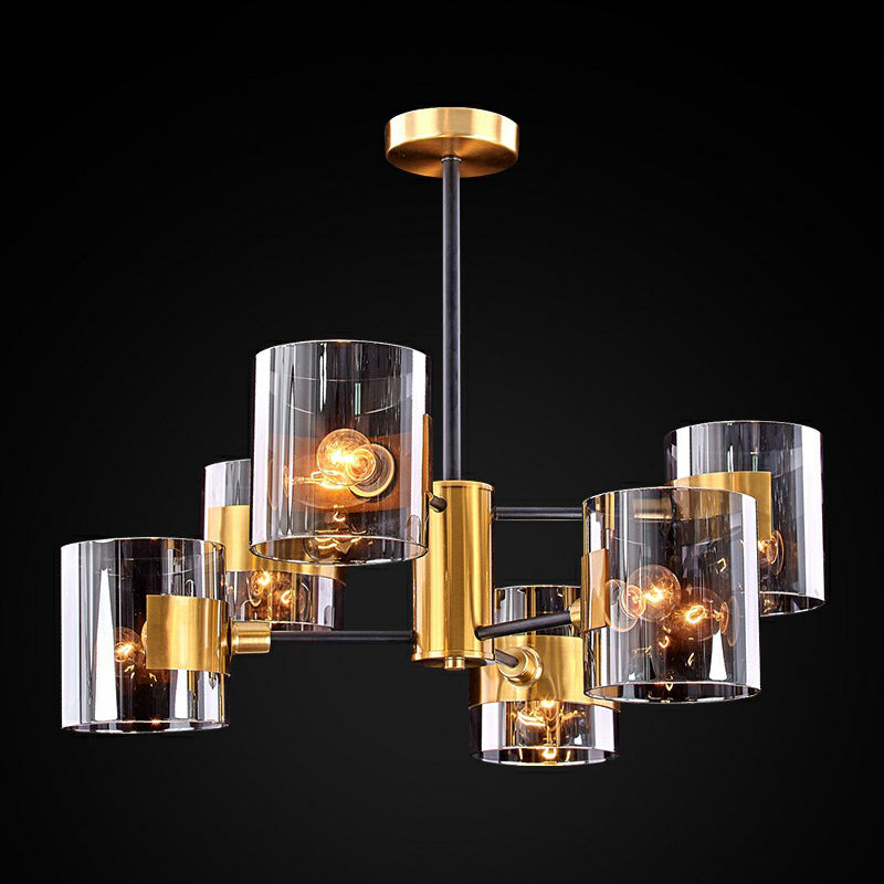 Smoke Grey Glass Cylinder Chandelier Minimalistic Black-Brass Ceiling Pendant Light for Dining Room
