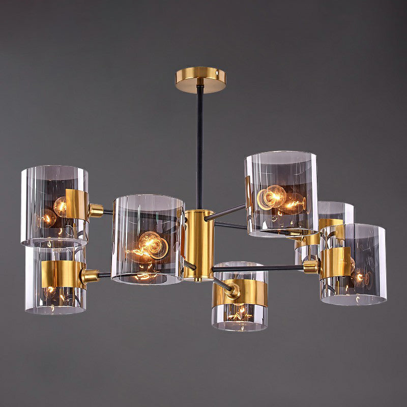 Smoke Grey Glass Cylinder Chandelier Minimalistic Black-Brass Ceiling Pendant Light for Dining Room