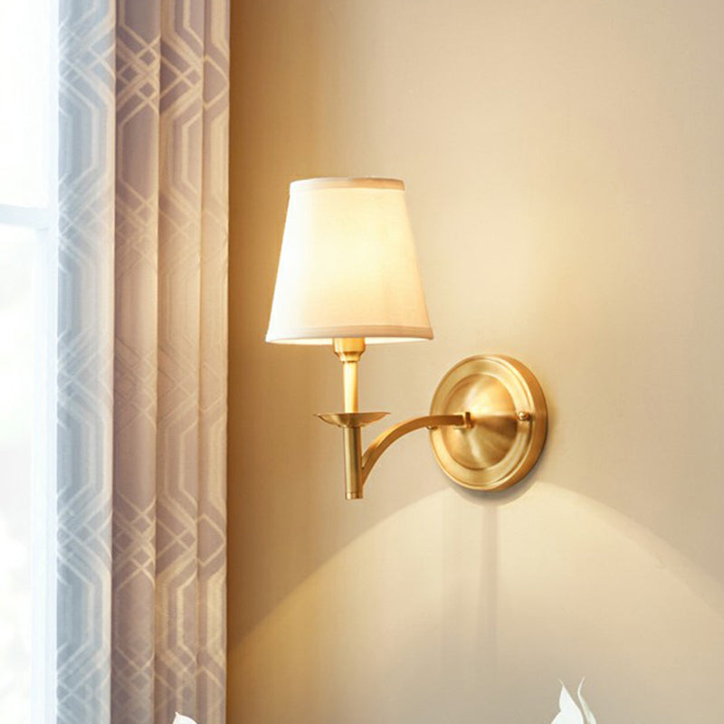 Simplicity 1-Bulb Sconce Lamp Brass Tapered Wall Light with Fabric Shade for Dining Room