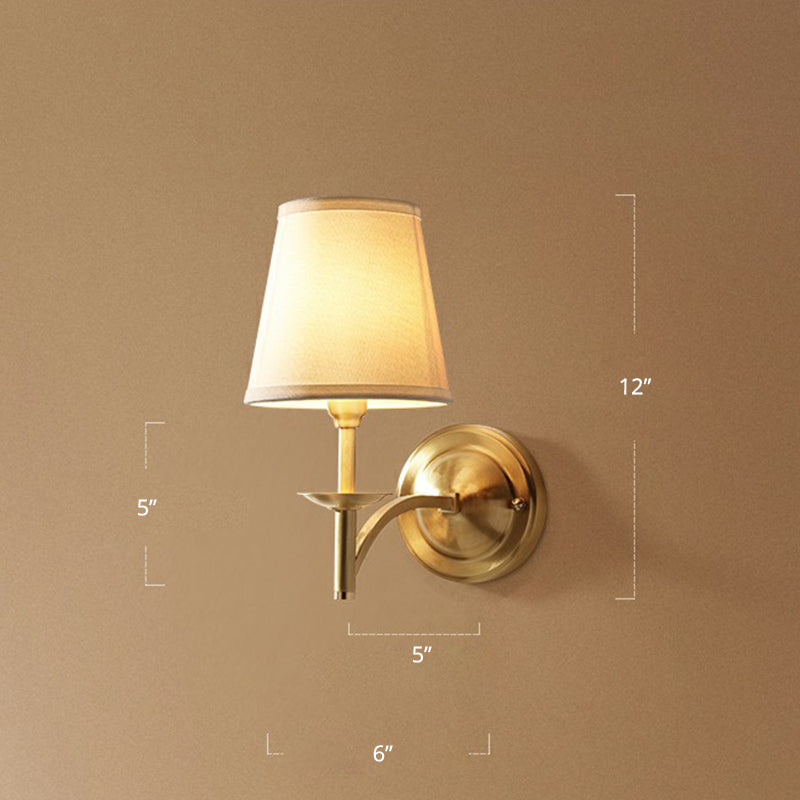 Simplicity 1-Bulb Sconce Lamp Brass Tapered Wall Light with Fabric Shade for Dining Room