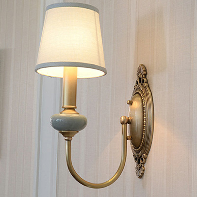 Brass Swoop Arm Sconce Light Traditional Metal Living Room Wall Lamp with Tapered Fabric Shade