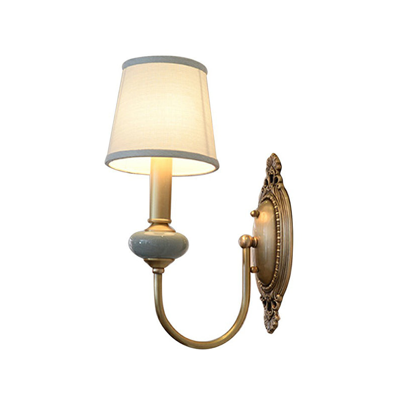 Brass Swoop Arm Sconce Light Traditional Metal Living Room Wall Lamp with Tapered Fabric Shade