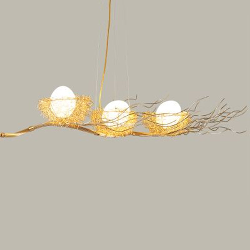 Artistic 3-Light Hanging Light Beige Nest and Egg Island Light Fixture with Cream Glass Shade