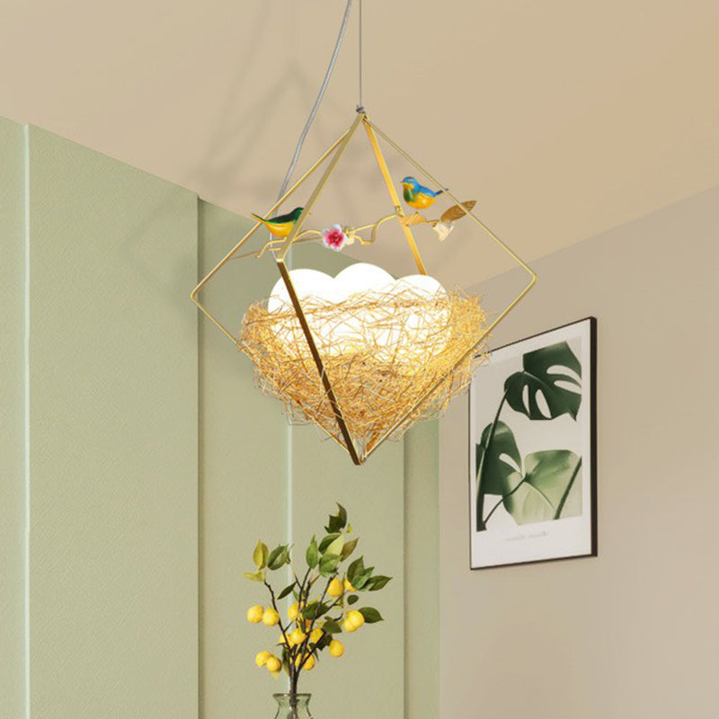 Birds Nest Chandelier Nordic Metal 3-Light Beige Hanging Light with Rhombus Frame and Egg Shade